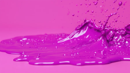 Dynamic splash of vivid purple paint on a bright pink surface, capturing vibrant water droplets, showcasing artistic creativity and energy in a playful composition.の素材