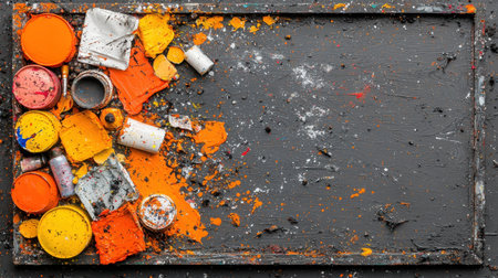 A vibrant collection of paint cans and artistic materials spills across a weathered wooden surface, creating an inspiring and colorful workspace for artists.の素材