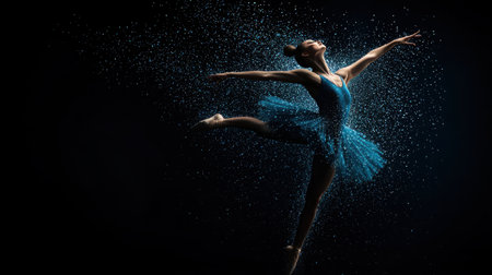 A stunning image of a ballerina in a blue tutu capturing a magical leap. The enchanting sparkles surround her, highlighting the elegance and artistry of dance.の素材
