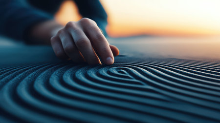 A close-up view of a hand creating flowing patterns in smooth sand during sunset, capturing a serene moment of creativity and tranquility in nature.の素材