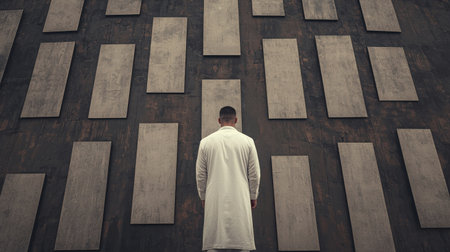 A man in a white coat stands against an abstract wall filled with rectangular panels. The image captures a moment of deep contemplation and solitude in a minimalist environment.の素材