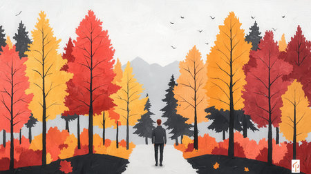 A tranquil scene of a person walking along a pathway through a vibrant autumn forest. Lush trees in brilliant colors frame the picturesque route leading towards distant mountains.の素材