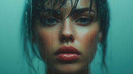 A close-up portrait of a woman with rain droplets on glass, capturing her emotional expression and beauty, surrounded by soft lighting and a serene atmosphere.の素材