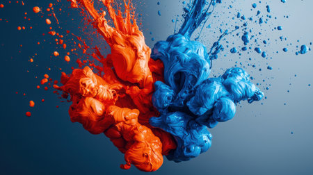 A mesmerizing display of vibrant orange and blue paint splashes creates a stunning abstract art piece. This dynamic composition captures energy and creativity, showcasing fluid movement and vivid color contrast. Perfect for visual projects.の素材