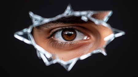This image captures a mesmerizing close-up of a brown eye framed by shattered glass. The dramatic contrast against a dark background evokes a sense of intrigue and beauty.の素材