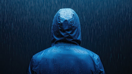 A person in a blue raincoat stands with their back to the camera, surrounded by a heavy downpour. Water droplets cling to the hood, creating a moody atmosphere.の素材