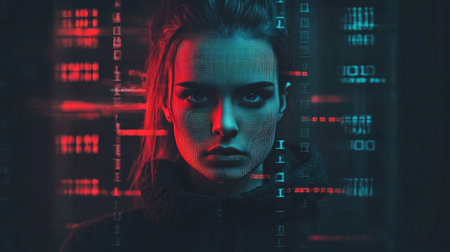 A captivating portrait of a woman enveloped in digital data with blue and red neon accents. The image conveys a sense of mystery and modern technology.の素材
