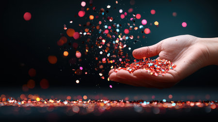 A hand gracefully releases an array of vibrant confetti against a dark background, evoking a festive atmosphere. Ideal for celebrations, parties, and joyful occasions.の素材