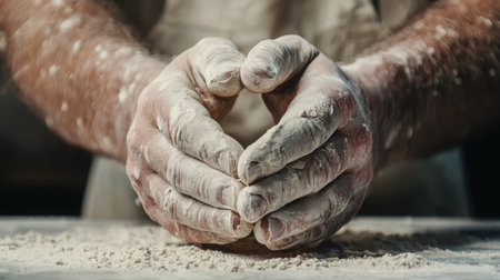 Close-up image of hands kneading dough with flour in a rustic kitchen, showcasing the art of baking. The tactile process emphasizes the craftsmanship behind homemade delights.の素材