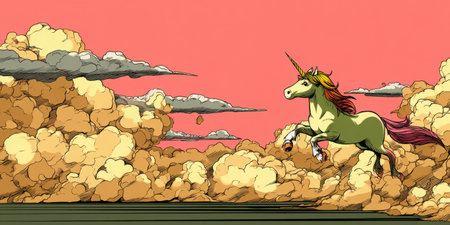 This vibrant illustration features a magical unicorn galloping through fluffy clouds against a pastel sunset. The whimsical colors create an enchanting atmosphere, perfect for fantasy lovers.の素材