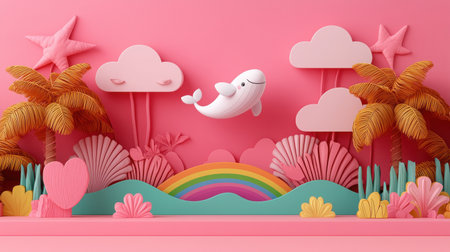 A whimsical scene featuring a playful dolphin jumping over a vibrant rainbow, surrounded by colorful tropical elements, perfect for children's themes and joyful designs.の素材
