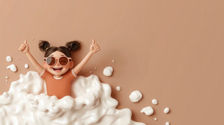 A joyful child wearing sunglasses plays in a thick foam, expressing delight with thumbs up against a beige backdrop, capturing carefree fun and summer vibrance.の素材