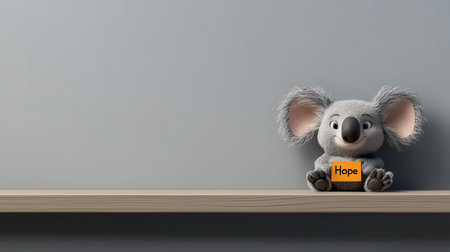 An adorable koala toy holding a 'Hope' sign sits on a wooden shelf, perfect for children's rooms or as a comforting decor piece that spreads positivity.の素材