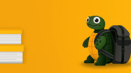 A charming cartoon turtle stands with a backpack beside colorful stacked books, symbolizing education and creativity on a bright yellow backdrop.の素材