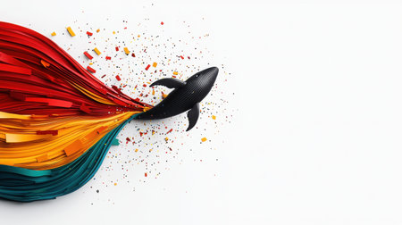 A captivating abstract artwork featuring a black whale silhouette emerging from vibrant, colorful waves, symbolizing creativity and motion against a clean white background.の素材