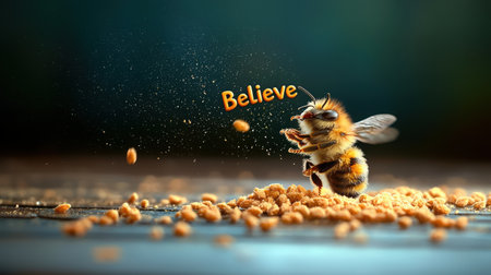 A cheerful bee playfully hops on a surface scattered with crumbs, embodying the spirit of inspiration and joy, with a vibrant background enhancing the scene.の素材