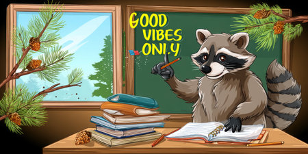 This vibrant cartoon illustration features a raccoon character in a classroom, promoting positivity with the message "Good Vibes Only." Ideal for educational themes.の素材