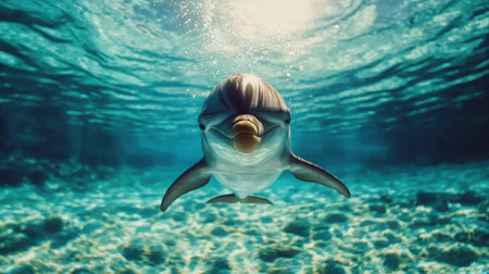 A cheerful dolphin swims gracefully in crystal-clear ocean water, capturing the essence of marine life adventure, serenity, and natural beauty.の素材