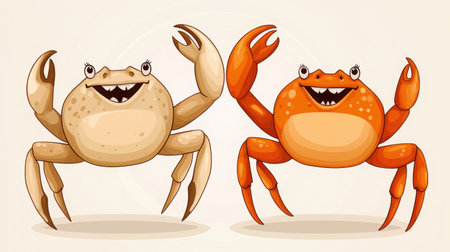 This colorful illustration features two cheerful cartoon crabs displaying playful expressions. Perfect for projects related to marine life, fun, and nature.の素材