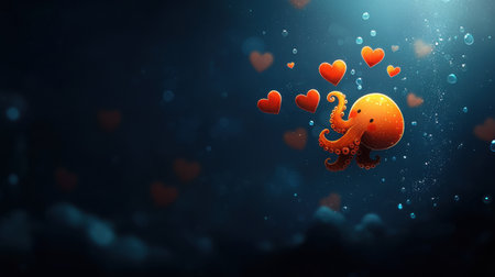 This charming illustration features a cute octopus surrounded by floating hearts, creating a whimsical underwater scene. Perfect for art lovers and marine enthusiasts!の素材