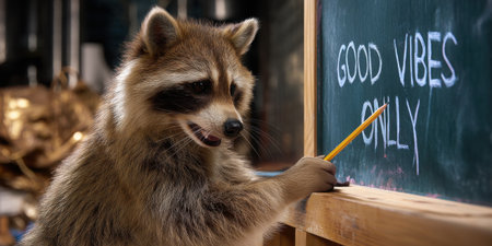 A playful raccoon writes "Good Vibes Only" on a chalkboard in a charming classroom setting, showcasing a delightful blend of humor and positivity.の素材