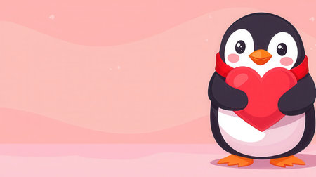 This adorable cartoon penguin with a heart embodies love and friendship in a vibrant pink background. Perfect for conveying warmth and joy.の素材