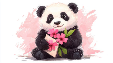A charming illustration of a cute panda holding flowers and an envelope, set against a pink background, perfect for conveying joy and warmth.の素材