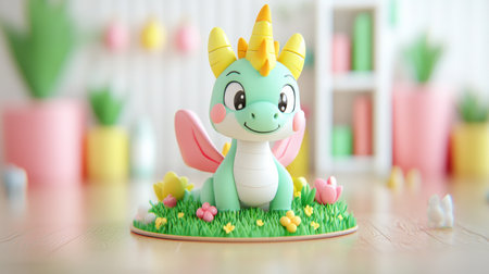Adorable dragon figure with pastel colors sitting on a grassy base filled with flowers, ideal for playful decor and children's themes.の素材