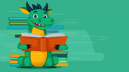 A cheerful cartoon dragon sits and reads an orange book with colorful stacked books in the background. Perfect for educational themes and children's materials.の素材
