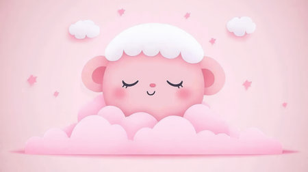 Adorable illustration of a sleeping sheep character resting on fluffy pink clouds, creating a whimsical and dreamy atmosphere perfect for children's design.の素材