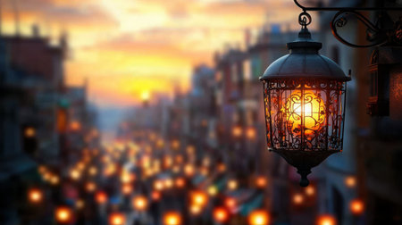 A beautifully crafted lantern illuminates the dusk, casting a warm glow over a blurred city background. This enchanting scene captures the essence of evening atmosphere.の素材