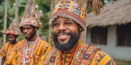 A joyful portrait of a man dressed in vibrant traditional attire, celebrating his culture and heritage amidst a lush natural setting, symbolizing unity and joy.の素材