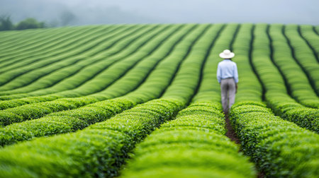 A picturesque view of a lush green tea field with a worker walking between neatly lined rows, showcasing the beauty of rural agriculture and tranquility in nature.の素材