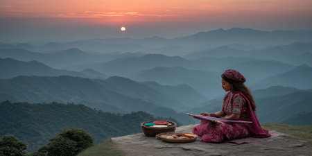 A young girl in traditional attire engages in artistic creation as the sunset casts a warm glow over the mountainous landscape, showcasing harmony between culture and nature.の素材