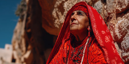 An elderly woman adorned in traditional red attire gazes pensively against a rocky backdrop, embodying cultural heritage and timeless beauty.の素材