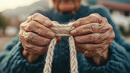 An elderly person skillfully crafting natural fiber rope in a serene outdoor setting, showcasing skilled hands and intricate craftsmanship.の素材