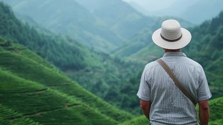 A man in a straw hat stands immersed in a peaceful landscape of lush green hills and distant mountains. His calm presence blends with the serene environment.の素材