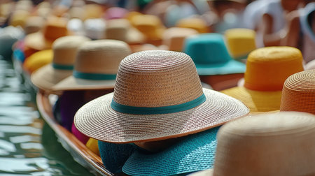 A stunning view of colorful straw hats decorating a lively boat scene on a canal, capturing the essence of summer joy and leisure amid vibrant reflections on the water.の素材