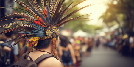 A captivating scene of an indigenous celebration, featuring a person wearing a colorful feather crown in an urban setting, showcasing cultural pride and diversity.の素材