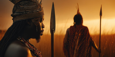 A striking portrait of a powerful warrior against a stunning sunset backdrop. The subject, adorned in traditional attire, holds a spear, embodying strength and cultural pride.の素材