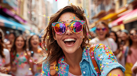 A joyful woman wearing colorful sunglasses laughs in a lively street, surrounded by friends and confetti. The scene captures festive energy and pure happiness.の素材
