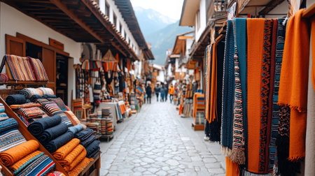 A picturesque artisan market street filled with vibrant, handwoven textiles and colorful souvenirs. Visitors explore shops under a clear sky in this charming setting.の素材