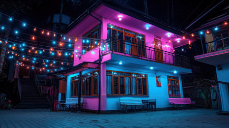 A colorful house adorned with bright decorative lights creates a cozy and inviting atmosphere in a serene nighttime landscape. Ideal for capturing festive vibes.の素材