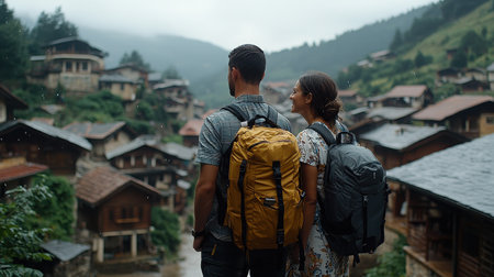 A couple stands together in a picturesque village, immersed in nature and surrounded by rain-soaked mountains. Their backpacks hint at adventure.の素材