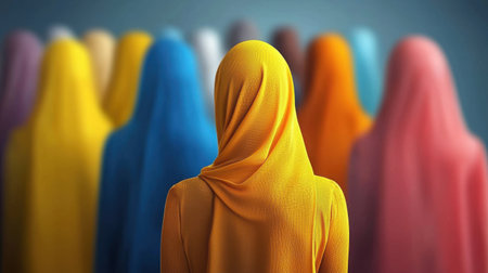 A vibrant depiction of a diverse group of women wearing colorful headscarves, symbolizing unity, culture, and individuality. The silhouettes create a striking visual representation of inclusiveness and social harmony.の素材