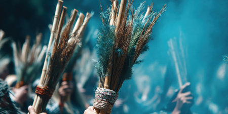 This vibrant scene captures a cultural celebration filled with colorful smoke and traditional handmade decorations. Participants express joy and unity.の素材