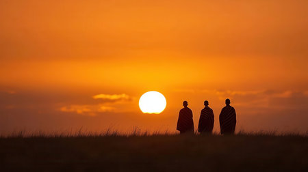 Three monks stand in silhouette against a stunning sunset, showcasing a serene and tranquil atmosphere, ideal for themes of spirituality and nature.の素材
