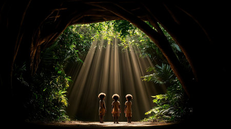 Three children stand at the entrance of a lush forest, surrounded by vibrant greenery and illuminated by beautiful sunlight rays filtering through the trees.の素材