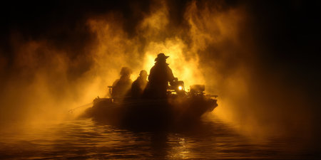 A serene moment captured with silhouetted fishermen on a boat, enveloped in fog and illuminated by a warm glow, depicting tranquility at dusk.の素材
