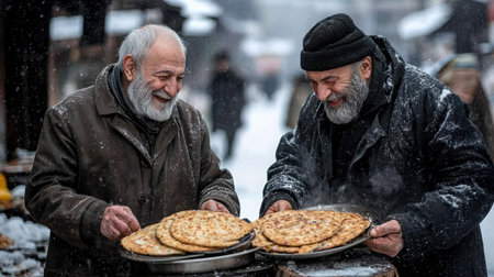 Two cheerful elderly men share freshly baked bread in a snowy market, capturing a warm winter scene filled with laughter and camaraderie.の素材